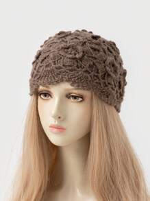 1pc Women's Fashion Hollow-Out Solid Color Lace Trim Handmade Crochet Knit Beanie Hat, Suitable For Autumn/Winter Warmth And Daily Wear - Multicolor - View 9