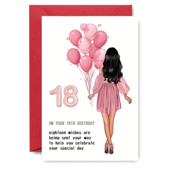 18 岁生日贺卡，配有高级信封，卡通图案粉色气球主题，纸质生日贺卡，送给她的 18 个特别祝福 - 1 包