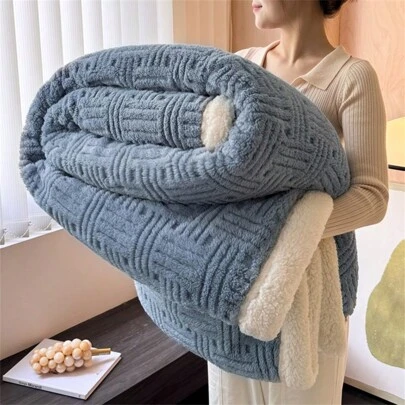 1pc Solid Dusty Blue Soft Fleece Blanket, Polyester, Rectangular, Suitable For Home, Travel, Office, Warm For Autumn And Winter