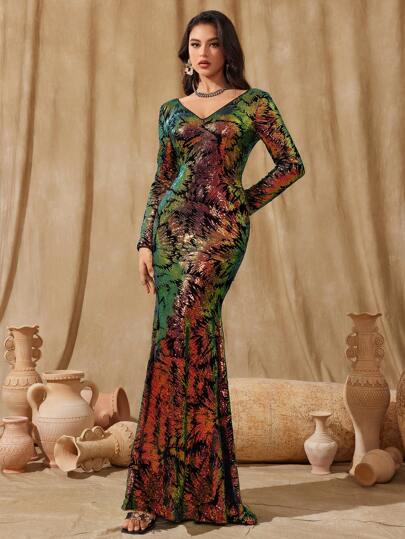 Vestido de festa noturno elegante com cauda de peixe e decote em V profundo com lantejoulas para mulheres, vestido de baile formal de manga comprida, para convidados de casamento, formatura, jantar