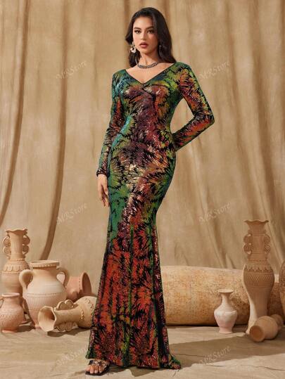 Sequin Deep V-Neck High-End Elegant Fitted Fishtail Evening Party Dress For Women, Long Sleeve Formal Prom Gown, For Wedding Guest, Graduation, Dinner