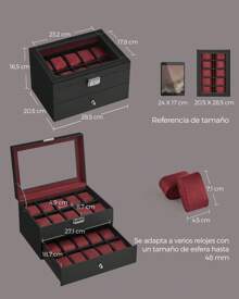 SONGMICS Caja de Relojes, Estuche de Relojes con Tapa de Cristal de 2 Niveles, con Cerradura, 1 Cajón, para Anillos, Pulseras, Regalo Ideal, Cuero Sintético Negro y Forro Rojo Vino - Burdeos - Ver 6
