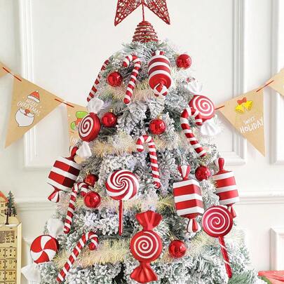 1pc 15cm Candy Cane Shaped Christmas Tree Ornament, Red & White Painted PVC Lollipop Design, Christmas Decor & Gift,Christmas
