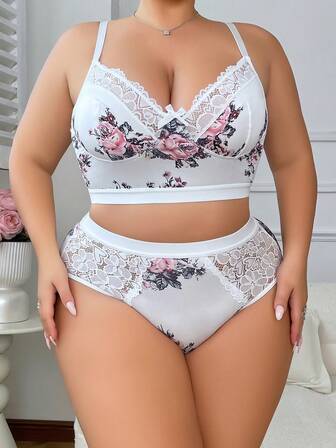 Plus Size Women Lip Print Sexy Lingerie Set - Contrast Lace, Comfortable Stretch Fabric, Bra And Panties Set Two Pieces Set Women 2 Pieces Set