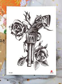 1 张大尺寸人体艺术临时纹身贴纸，男女皆宜，性感素描风格枪玫瑰图案，位于裆部腰部，防水假纹身，持续 2-5 天，遮盖疤痕，可用于手臂手腕肩部腿部腰部颈部手部胸部大腿手指脚踝，适用于派对、礼物、度假、身体装饰 - 黑色 - 查看 6