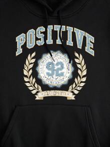 Men's Letter Printed Casual Thermal Lined Hoodie, Autumn/Winter - Black - View 3