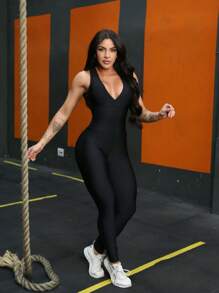 Fitness Jumpsuit With Back Neckline GymSports Gym High Waist - màu đen - Xem 3