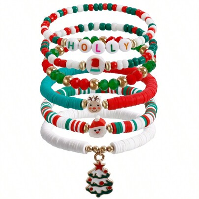 Pacote com 6 lindas pulseiras de Natal, pulseiras com letras, pulseiras de Papai Noel com alce, pulseiras de árvore de Natal, pulseiras de Natal, joias, presentes de Natal para mulheres, namoradas, colegas, adolescentes, como lembrancinhas de festa, conjunto elegante de pulseiras empilháveis, estilo boho, cordão de mão, adequado para presente de Natal - sem penas, acessório de joia para festa sazonal, Natal
