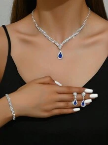 奢华镶钻水滴形项链、手链、耳环和戒指套装、婚礼配饰 - 銀色 - 查看 21