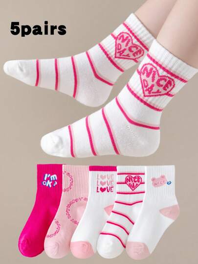 5 Pairs Kids Socks, Girls Mid-Calf Socks For Toddler/Little Kids, 1-12 Years Old, For Spring Autumn