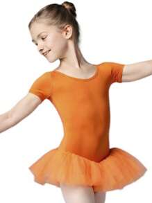 Leotardo de Niña Manga Corta Algodon, Body Maillot para Ballet, Gimnasia Deportiva, Danza y Baile sin Estampado Ropa de Una Sola Pieza Color Solido Payasito - Naranja - Ver 2