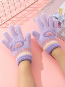 1pair Children Purple Heart Pattern Warm Full Finger Plush Gloves, Suitable For Autumn/Winter Outdoor Wear - Mauve Purple - View 7