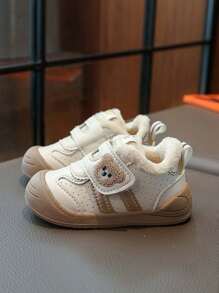 1 par de zapatos deportivos casuales para niños pequeños con forro cálido, decoración de oso, suela suave antideslizante, adecuados para el invierno