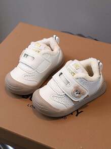 1 par de zapatos deportivos casuales para niños pequeños con forro cálido, decoración de oso, suela suave antideslizante, adecuados para el invierno