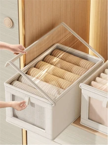 1 pièce Boîte de rangement pliable beige avec couvercle et fenêtre transparente, boîte de rangement pour vêtements style tiroir, décoration de maison pour la chambre, la salle des fêtes, décoration de chambre, décor de pièce, décorations, décorations, décor, rangement, organisateur pour robe, pantalon, chaussures, jean, botte, jupe