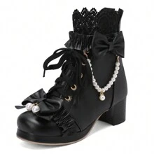 Cute Lolita Style Ankle Boots For Women Chunky Mid Heel Ankle Boots With Bow Back Zip Platform Lace Up Booties With Pearl Short Boots For Wedding Bridal Bridesmaid Dress Party