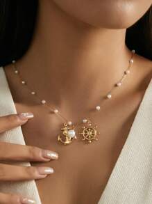 ZIRUISP 1 pieza Collar con colgante de acero inoxidable con estrella de mar y concha de perla falsa, estilo de vacaciones en la playa para mujeres