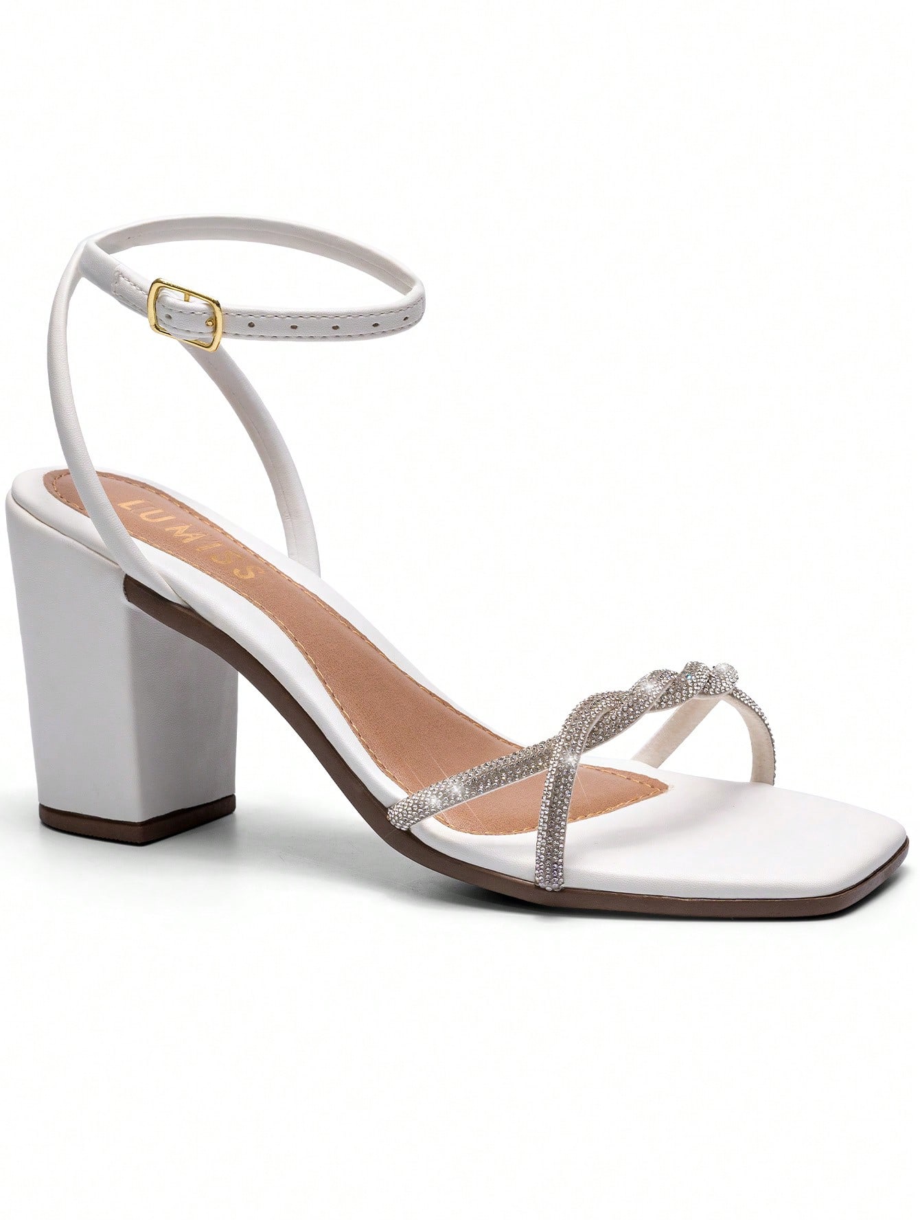 Sandália Feminina Salto Alto Bloco Confortável Tiras Strass Brilho Cristal Trança Saltinho Grosso Brilhante Moda Lumiss