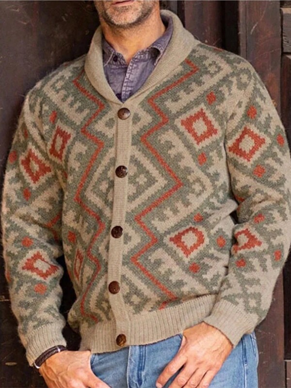 Chaqueta de punto tipo cárdigan con cuello para hombre, de estilo vintage con tejido jacquard