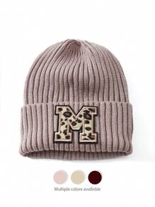 1pc Letter & Leopard Striped Casual Bohemian Acrylic Solid Embroidered Ski Beanie Hat, Knitted, Autumn/Winter, Versatile