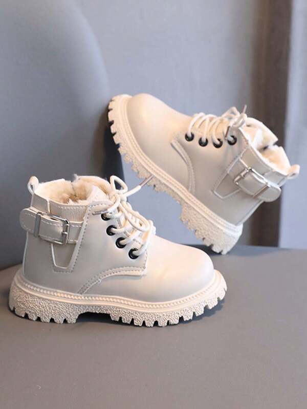 1 par de botas forradas térmicas para niños, nueva moda de otoño/invierno, suela de goma antideslizante, botas cortas de piel cálidas para niños y niñas