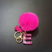 Llavero con pompón de peluche y piedra rosa en forma de letra, decoración para bolso, accesorio de estilo, regalo, recuerdo, accesorio para coche, dije para bolso, accesorios escolares, gótico, Y2K