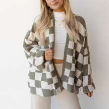 Women's Knit Cardigan Plaid Print Long Lantern Sleeve Open Front Loose Fall Sweater Jacket