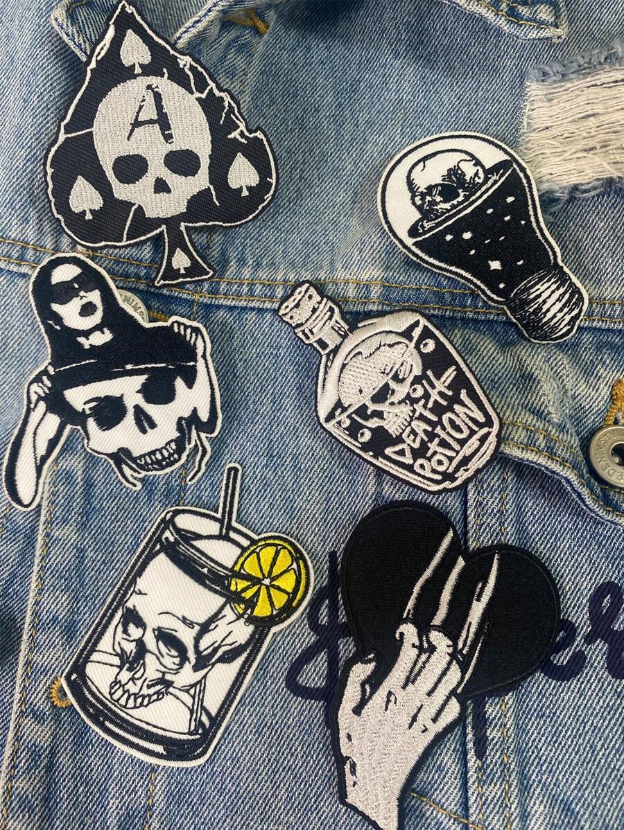 1 Set Of 3/6pcs Black And White Skull Embroidery Ironing Patches Halloween Costume Decoration Accessories Are Fashionable And Versatile Suitable For DIY Clothing Cloth Stickers Jackets, T-Shirts, Pants, Jumpsuits, Hats, Bags, Etc - 3pcs - View 1