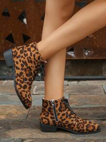 女式仿麂皮豹纹踝靴，带侧拉链，欧式风格，黑色，尺码 36-43，秋季鞋 - 彩色 - 查看 2