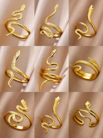 1pc Gold Color Stainless Steel Snake Rings For Women Men Open Adjustable Ring Vintage Gothic Punk Party Aesthetic Jewelry
