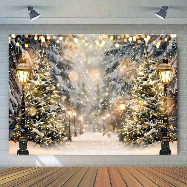 1pc Polyester Photography Backdrop, Winter Wonderland Christmas & New Year Party - Pine Tree And Snowy Scenery, For Photo Booth And Decor,Christmas