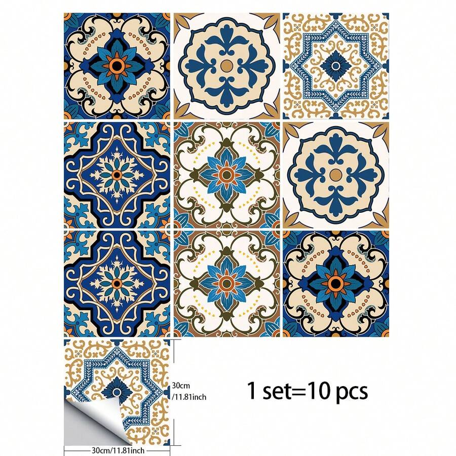 10pcs Moroccan Style SelfAdhesive PVC Tile Stickers, Suitable For Home