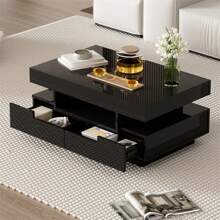 Okwish Rectangular Coffee Table, LED High-Gloss Side Table For Bedroom, Living Room Tables With Storage Space For The Living Room, Side Table With Four Drawers