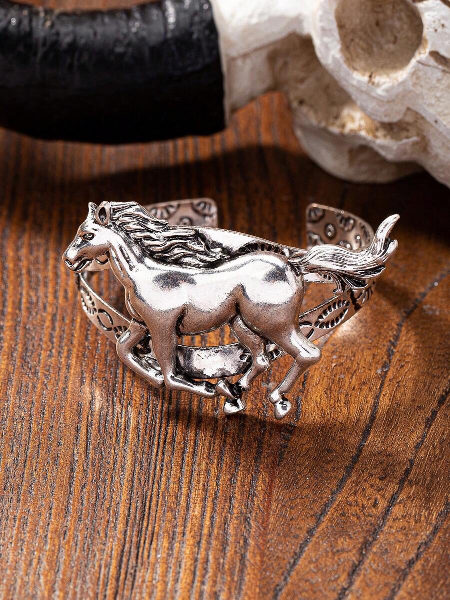 1 pieza Brazalete de pulsera con diseño de caballo occidental, pulsera de estilo vaquero occidental medio para mujer, joyería con piedra de turquesa azul - Plata antigua - Ver 1
