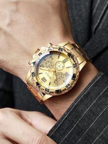 2 pièces/set Montre-bracelet à quartz avec échelle numérique à trois yeux, mode homme, avec bracelet en acier