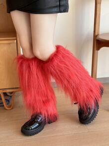 女士毛绒腿套，柔软舒适的冬季长靴袖口护套，圣诞节 - 紅色 - 查看 5