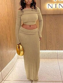 1 conjunto Conjunto de top corto ajustado de un solo color sin tirantes y falda tubo de la calle - Caqui - Ver 3