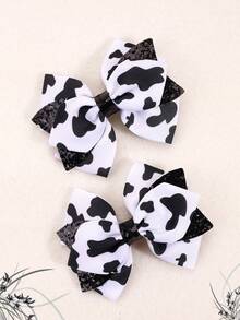 2 件装女童奶牛图案蝴蝶结发夹，可爱奶牛彩色发夹，儿童黑白发夹发饰 - 彩色 - 查看 1