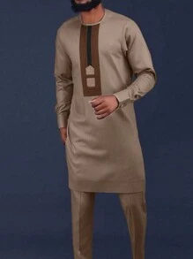 男士设计师服装长袖圆领拼色衬衫和运动裤 2 件套男士服装元素男士西装