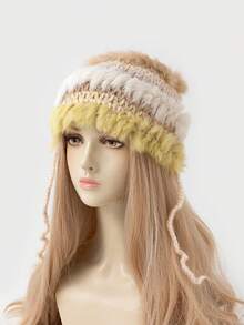 1 件女士时尚拼色蓬松抽绳手工钩编针织帽，保暖，适合秋冬季日常穿着 - 彩色 - 查看 3