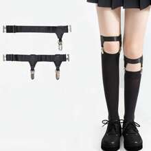 Street 2pcs Women's Elastic Polyester Pu Leather Leg Garter With Adjustable Buckles, Anti-Slip Clips And Double Metal Suspender Straps For Thigh High Stockings Halloween Summer, School