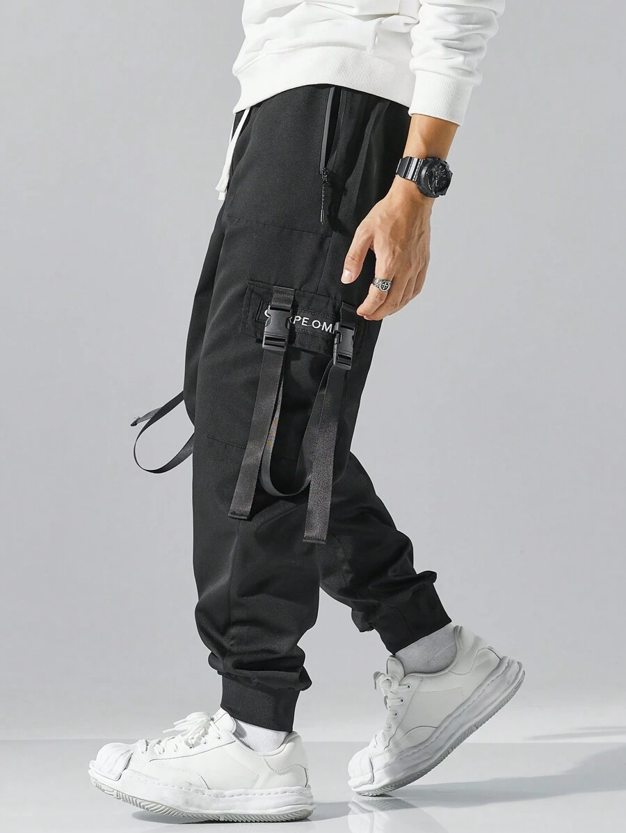 Men's Multi-Pocket Webbing Trim Rib Ankle Cargo Pants - Black - View 1