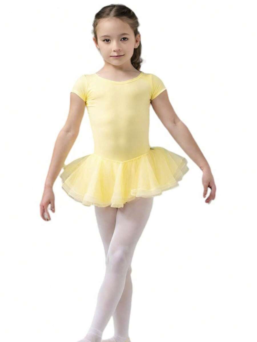 Girls Short Sleeve Cotton Leotard, Ballet Leotard Bodysuit, Sports Gymnastics, Dance And Dancing Without Print Solid Color One-Piece Clothing Clown - 黃色 - 查看 1