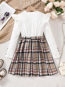 Tween Girl 1 Set Ruffled Long Sleeve Top Paired With Plaid Belted Dress, Comfortable Casual Outfit For Spring, Autumn - Nice Gift - White - View 2