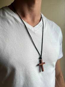1 pièce Collier pendentif croix classique pour hommes, cordon tressé ciré réglable