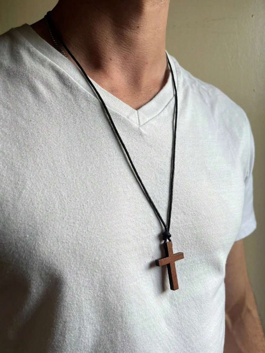 1 pièce Collier pendentif croix classique pour hommes, cordon tressé ciré réglable