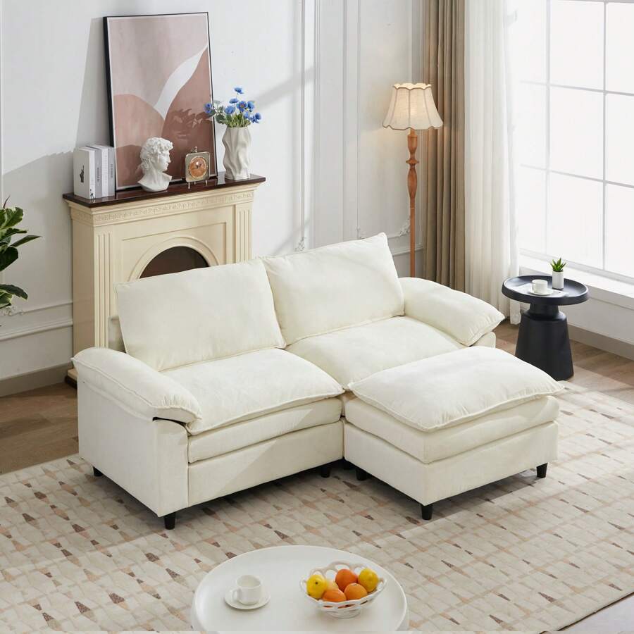 Modular Sectional Sofa, Modern 85 Inch Loveseat Couch With Throw Pillows, 2-Seater Comfy Cloud Couches With 1 Or 2 Movable Ottomans For Living Room Office Apartment - 米色雙人沙發+腳凳 - 查看 1