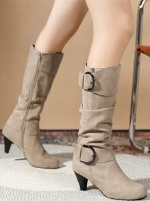 Round Toe Chunky Heeled Side Zip Mid-Calf Boots, Women's Autumn Winter Fashion High Heel Riding Boots, Versatile Vacation Style,Kitten Heel Boots,Party