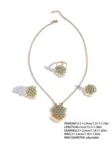 1set Copper Alloy Plated Pearl Tassel Blue Stone Inlaid Earrings, Ring, Necklace Jewelry Set, Suitable For Women Daily Wear