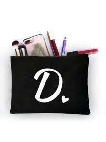 Letter Print Patchwork Women's Makeup Bag, Black Small Size, Letter A-Z, Makeup Bag, Portable Toiletry Bag, Reusable Makeup Bag, Women's Simple Large Capacity Travel Makeup Bag, Earphone, Ls - Black - View 23